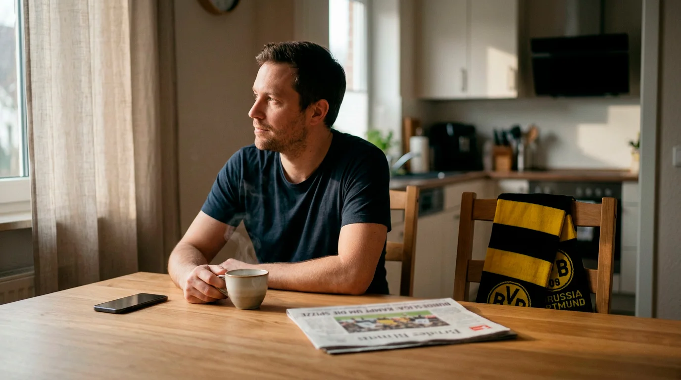 Mann am heimischen Esstisch mit Smartphone und Kaffeetasse in ruhigem Morgenlicht nach einem gewonnenen Bundesliga-Wettabend — Moment der VISA-Auszahlung vom Wettkonto
