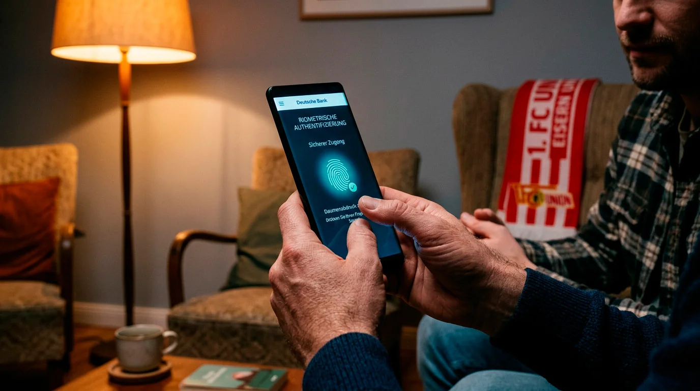 Hände eines Fans halten ein Smartphone mit biometrischer Authentifizierung in gedämpftem Abendlicht eines Wohnzimmers — Sicherheit beim Sportwetten-Einsatz mit VISA